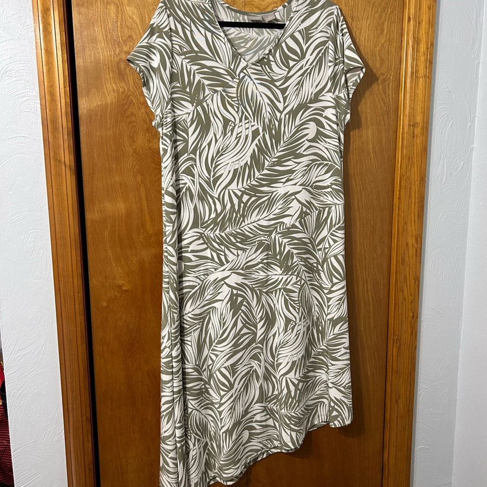 Chico's Olive and White Asymmetrical Leaf-Print Dress